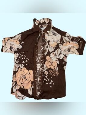 Rachel Zoe Brown Floral Short-Sleeve Button-Down Shirt with Peach Blooms